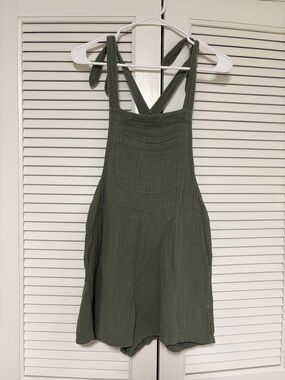 Aerie Green Tie-Shoulder Linen Overall Short / Shortall